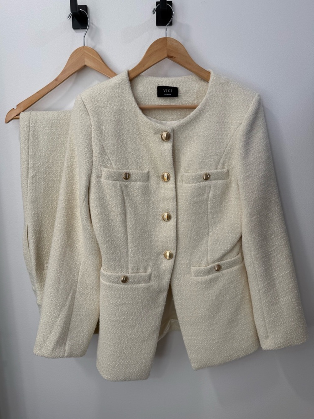 VICI Ivory Tweed Suit with Gold Buttons